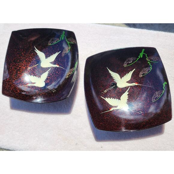 Set Of 2 Lacquer Square Plate Dishes Omachang Double Flying Crane Bamboo Asian - Picture 3 of 7